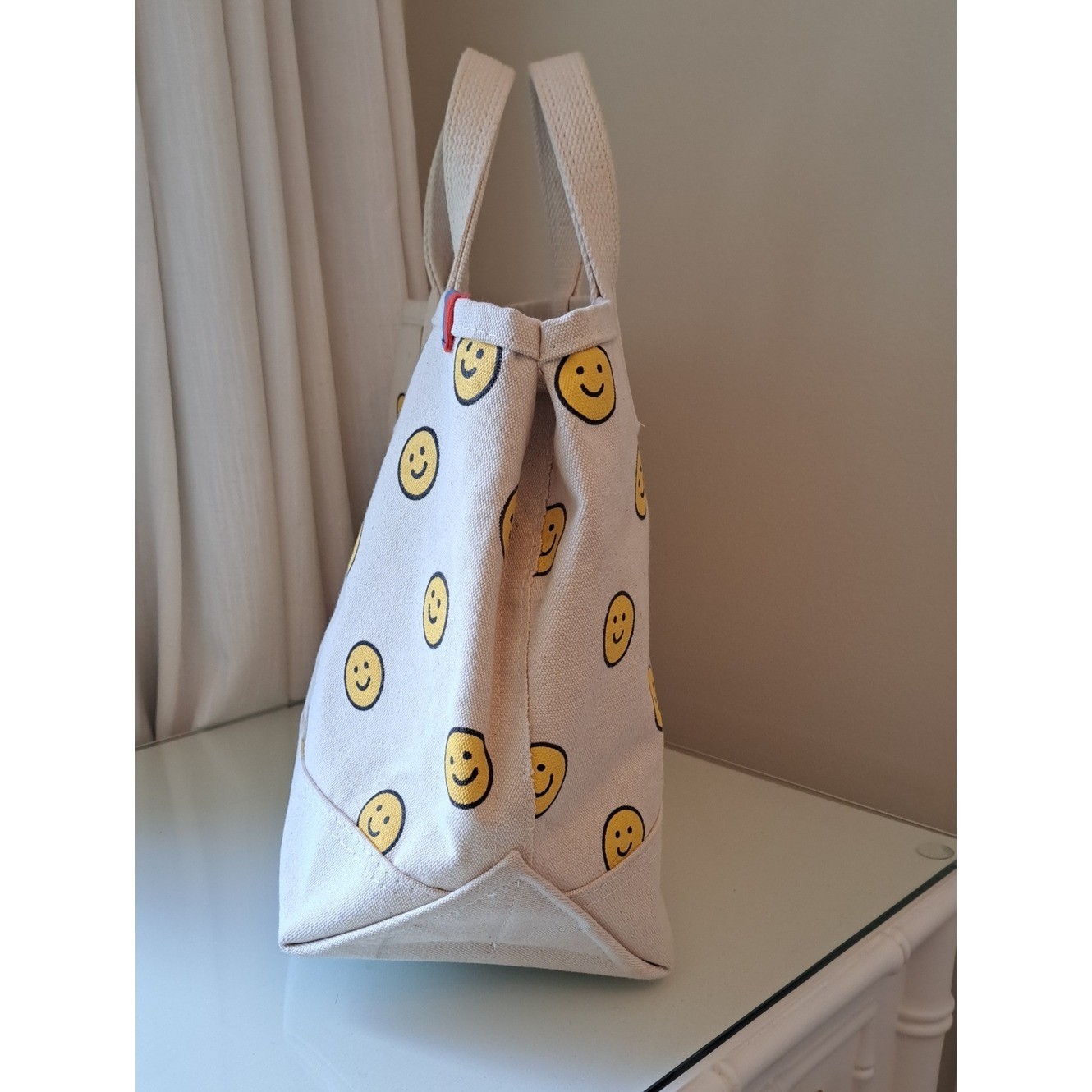 KULE Womens Allover Smiley Face Medium Canvas Handle Tote Bag 15″x11″x7″