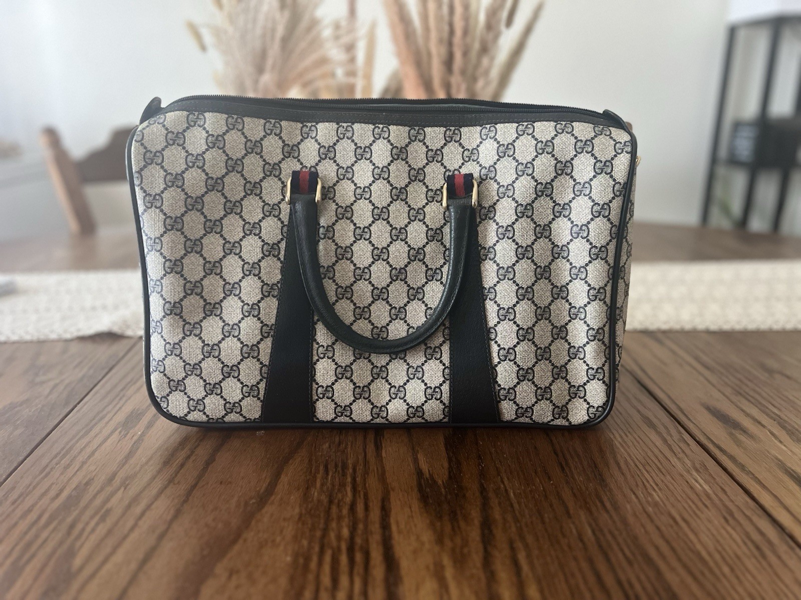 Gucci Joy Black Strap Boston Bag Medium Brown Canvas