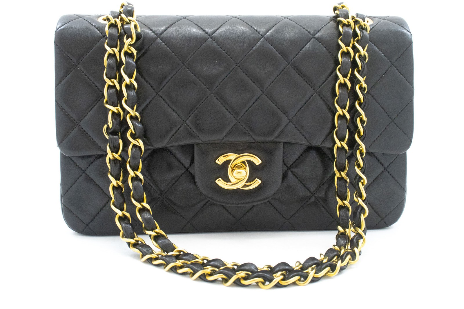 ai4 CHANEL Authentic Classic Double Flap 9″ Chain Shoulder Bag Black Lambskin