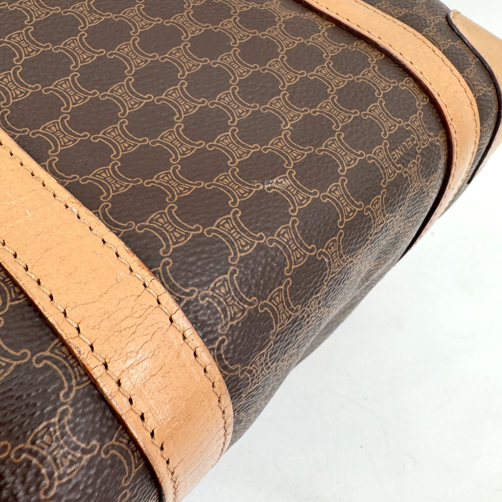 CELINE Mini Boston Bag Macadam PVC Leather Brown Vintage Authentic