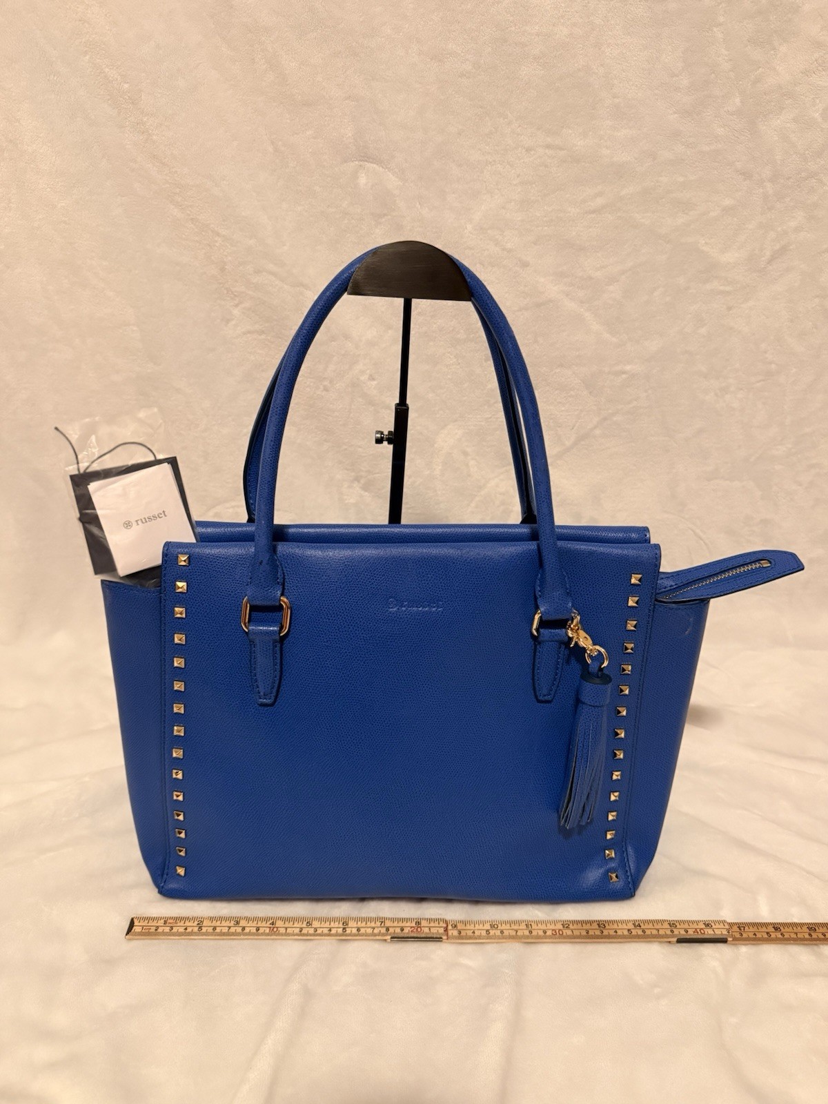 Russet Studded Leather Tote Bag with Tassel