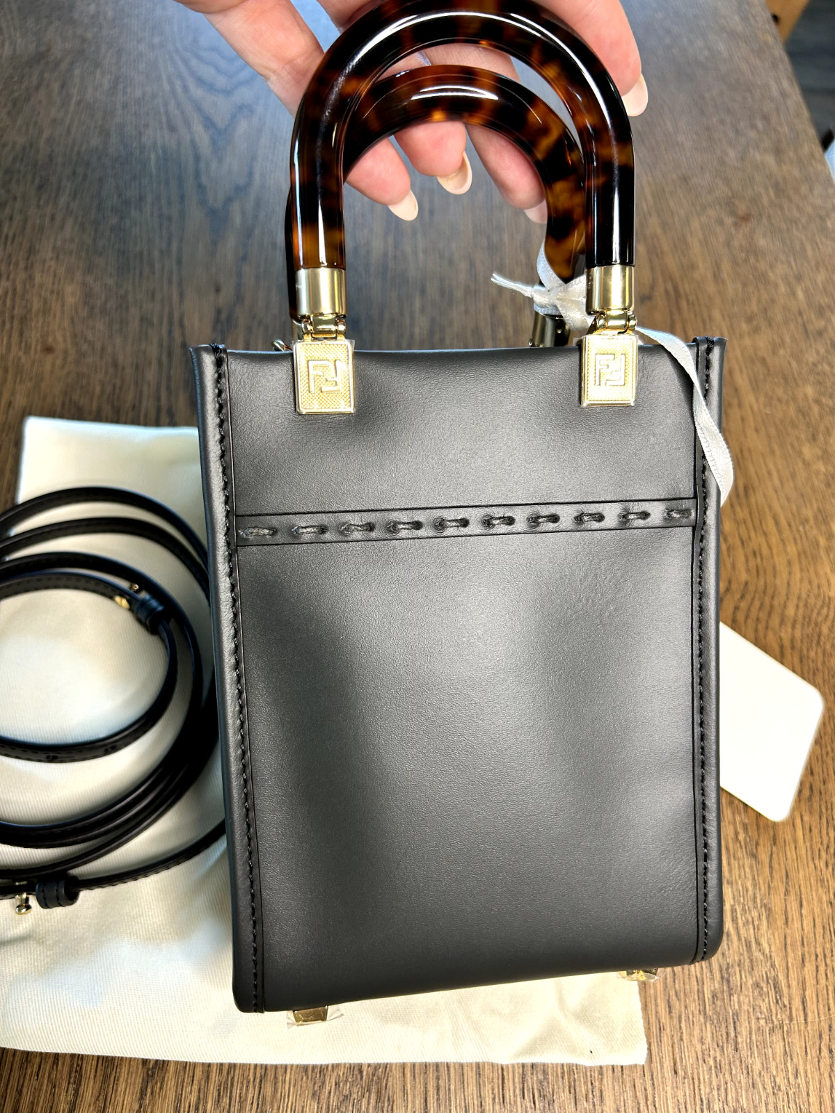 NEW – $1980 Fendi Mini Sunshine Open/No Closure Shoulder Tote Bag Gray Leather