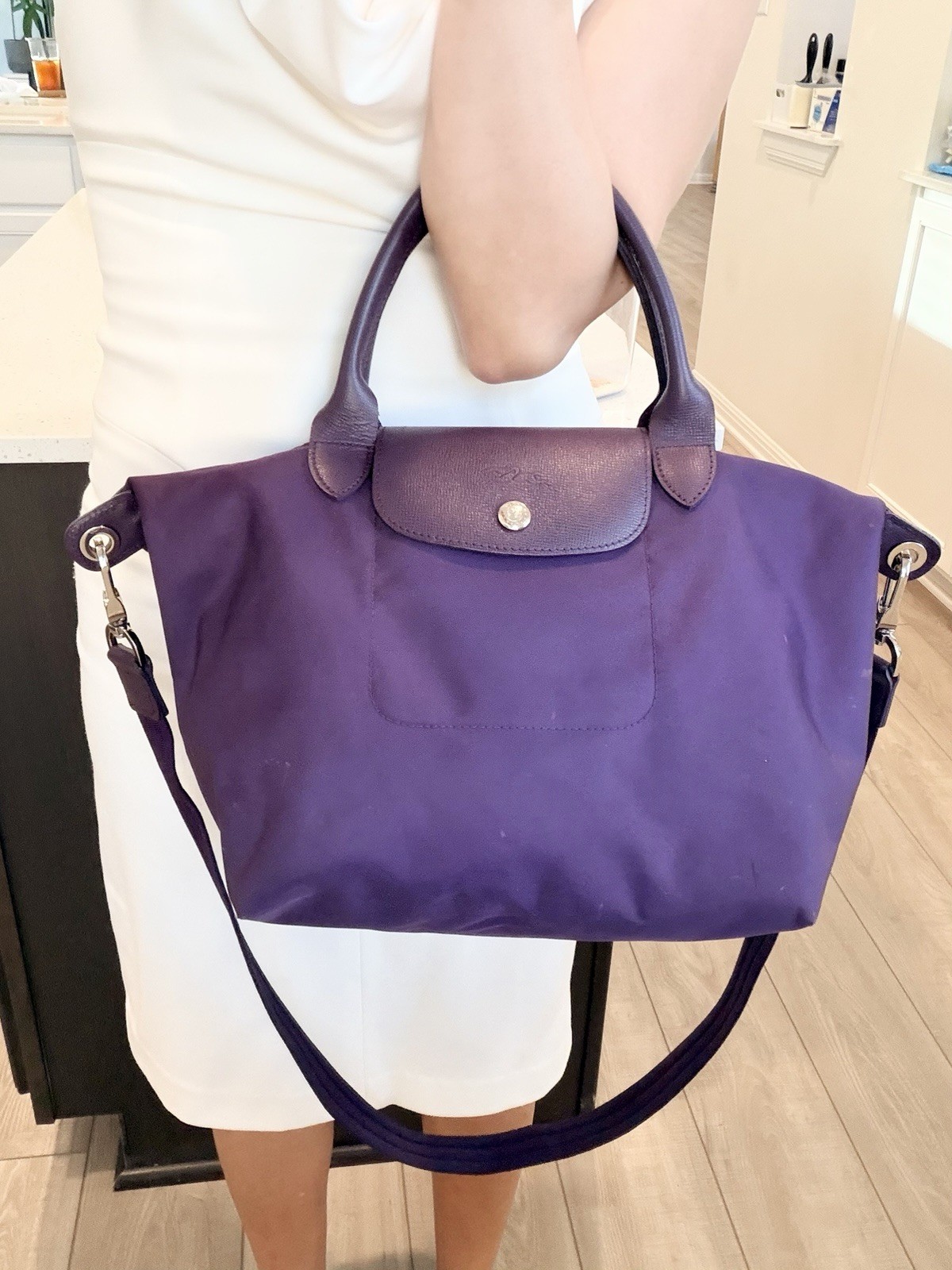Auth LONGCHAMP Le Pliage Medium Neo Nylon Purple w/ Original Strap