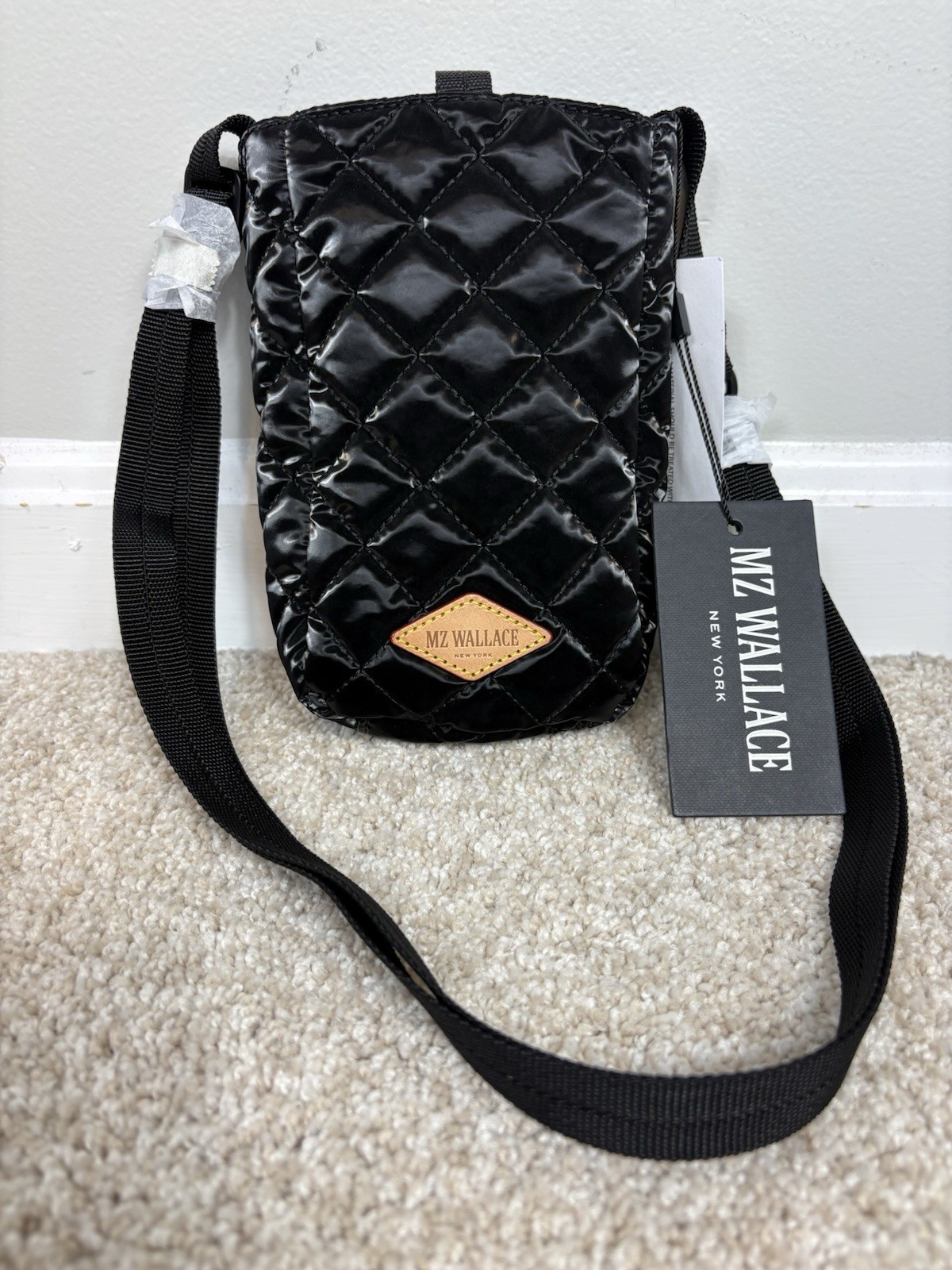 MZ WALLACE Metro Quilted Phone Crossbody Holder Black Liquid NWT