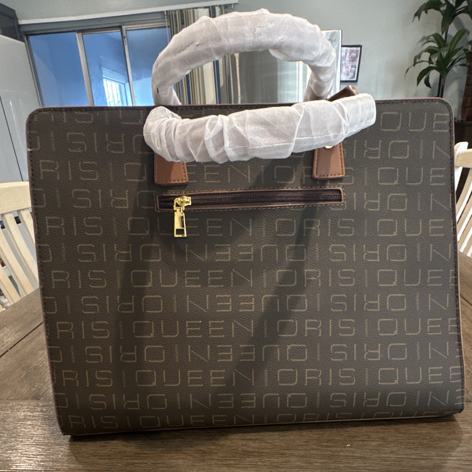 Queenoris Brown Monogram Medium Satchel Top Handle Zip, Inner Pockets, Gold