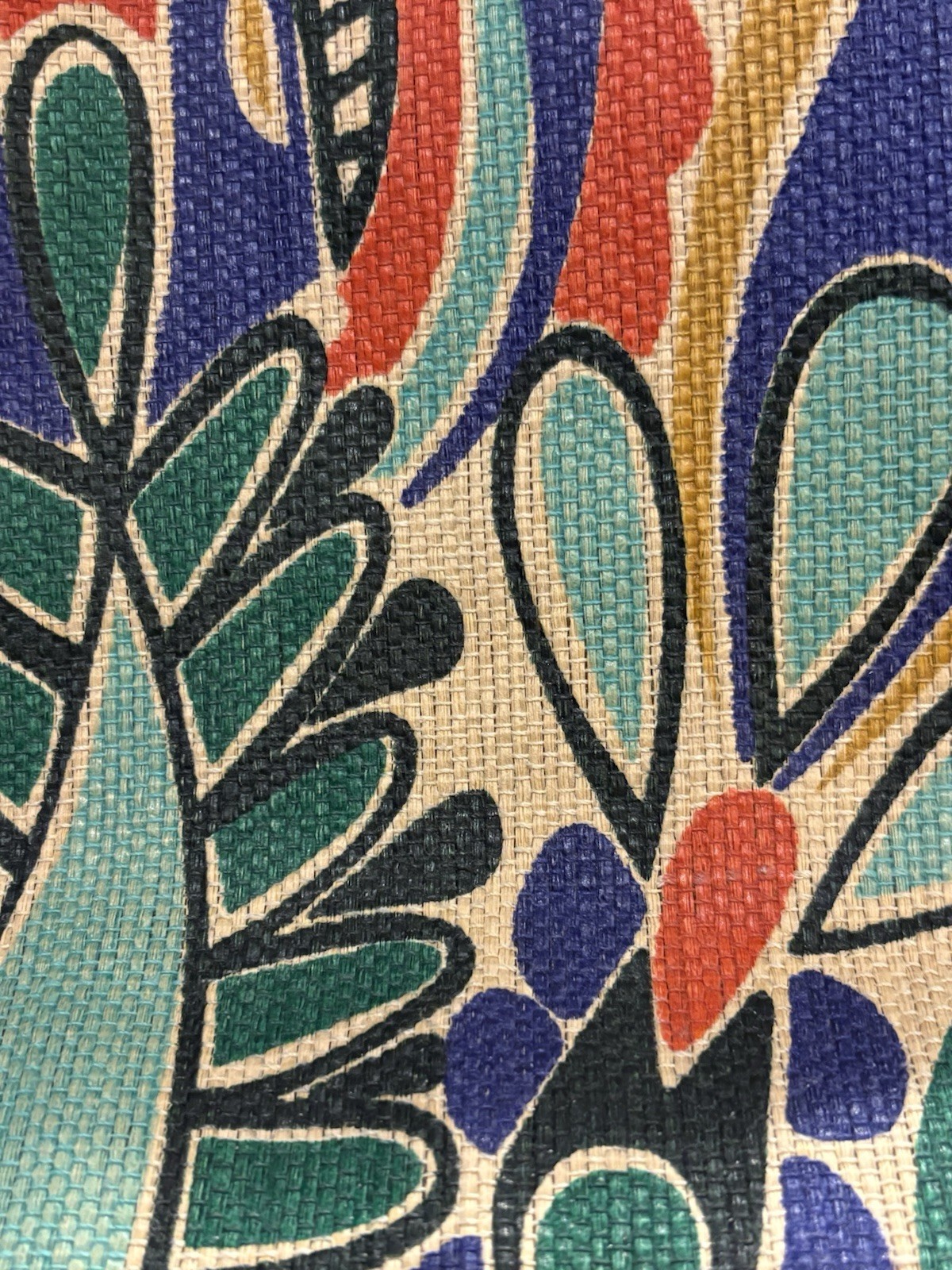 Neiman Marcus Lg Canvas Tote Bag Abstract Floral Vegan Leather Trim Teal Lined
