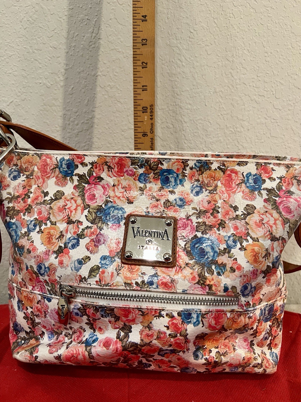 Valentina Italia Leather Floral Crossbody Purse With Shoulder Strap EUC