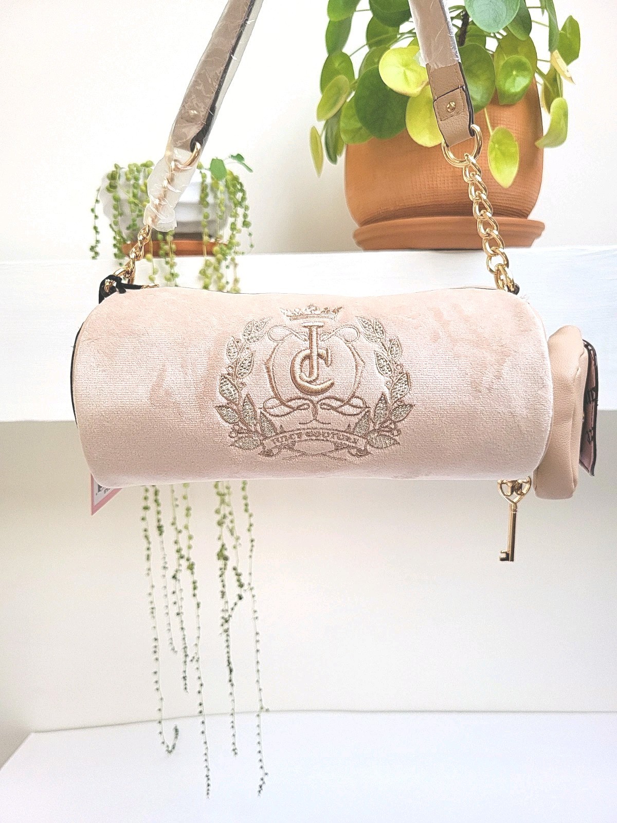 Juicy Couture Buff Beige Cylinder Barrel Y2K Satchel Gold Chain Embroidered NWT