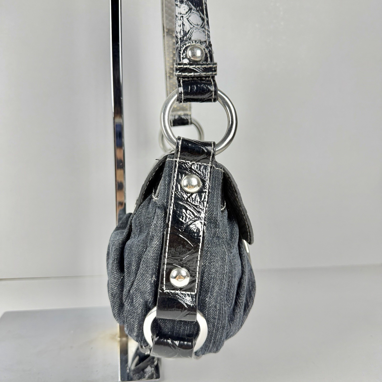 Guess Y2K Denim Mini Shoulder Bag Black Croc Patent Trim Silver G Logo Vintage