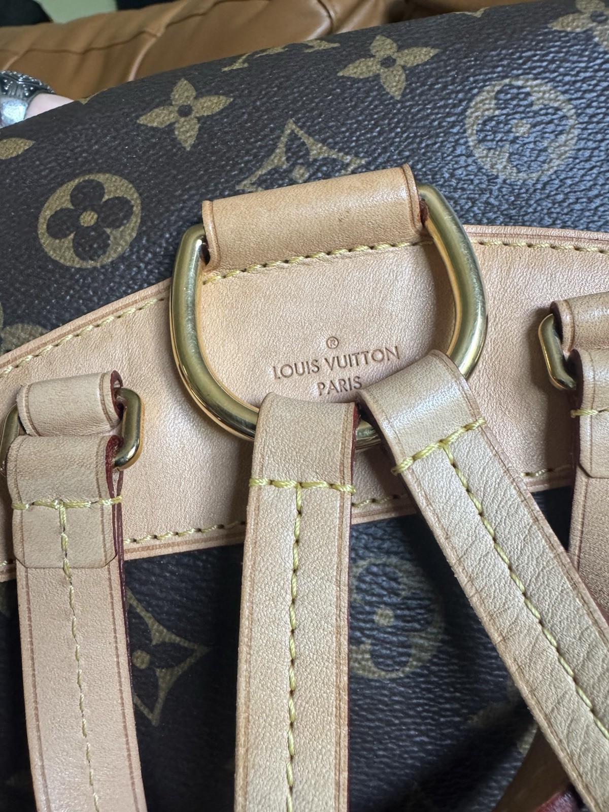 Louis Vuitton Monogram Drawstring Backpack Front Zip Pocket Gold Hardware