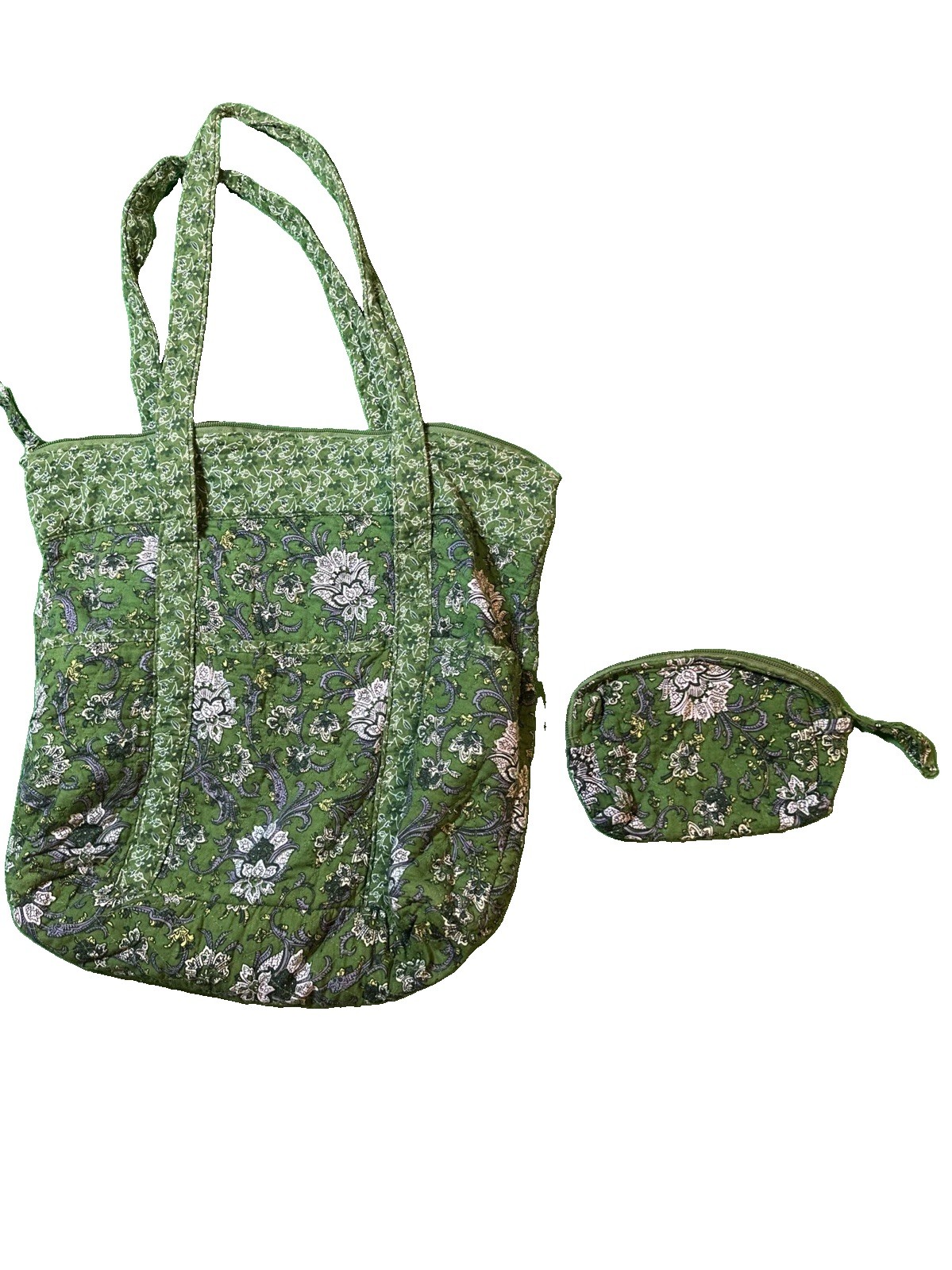 Quilted Green Blue Paisley Tote Bag 2 Pc Zipper