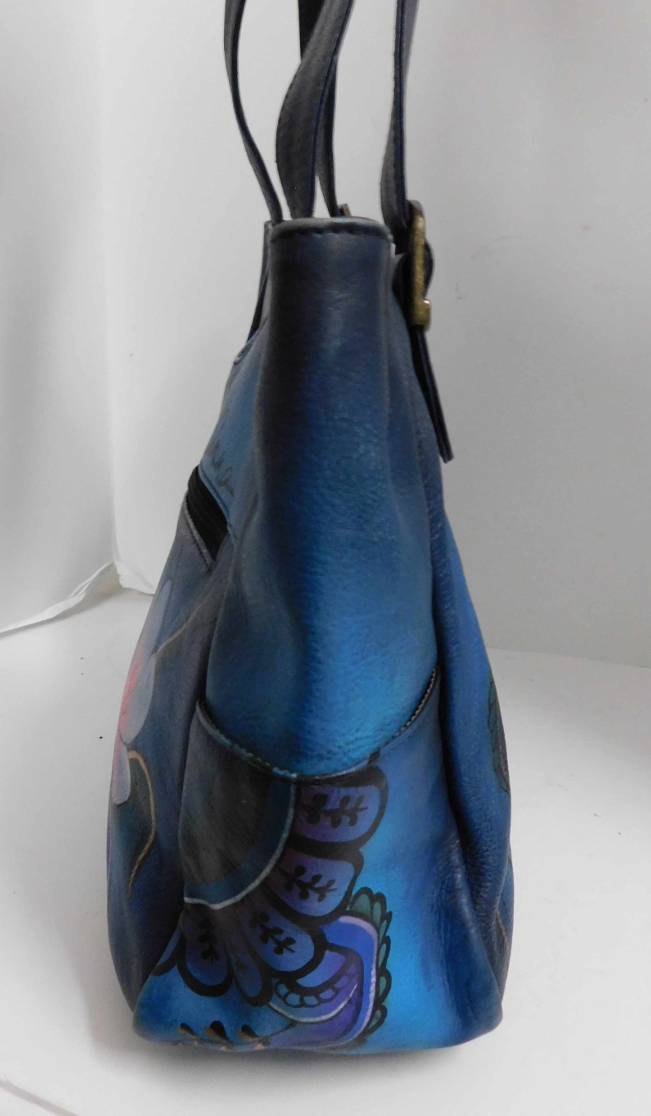 Anna By Anuschka Women’s Hand Painted Blue Leather Tote Bag Purse Floral Paisley