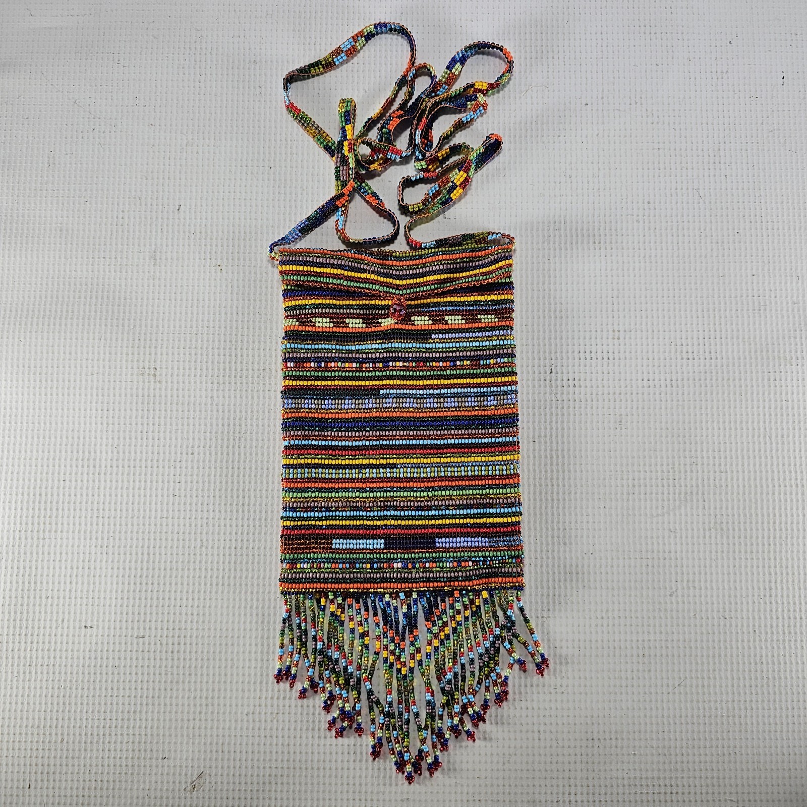 Colorful Beaded Purse Handbag Tassles 4.5 X 6.5 Inches 47 Inch Strap Handmade