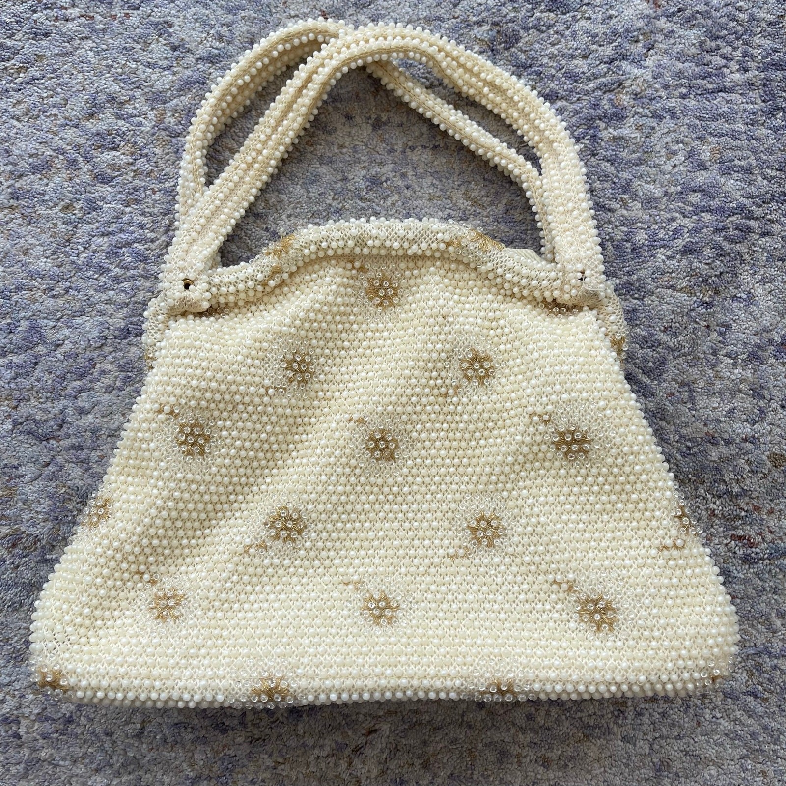 Vintage Lumured Hand Beaded Ivory Gold Starburst Evening Bag Purse Hong Kong