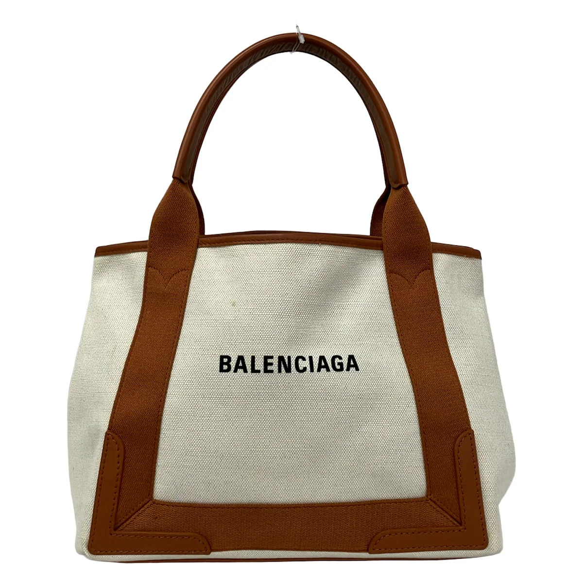 BALENCIAGA Navy Cabas S 339933 White Brown Canvas Leather Tote Bag