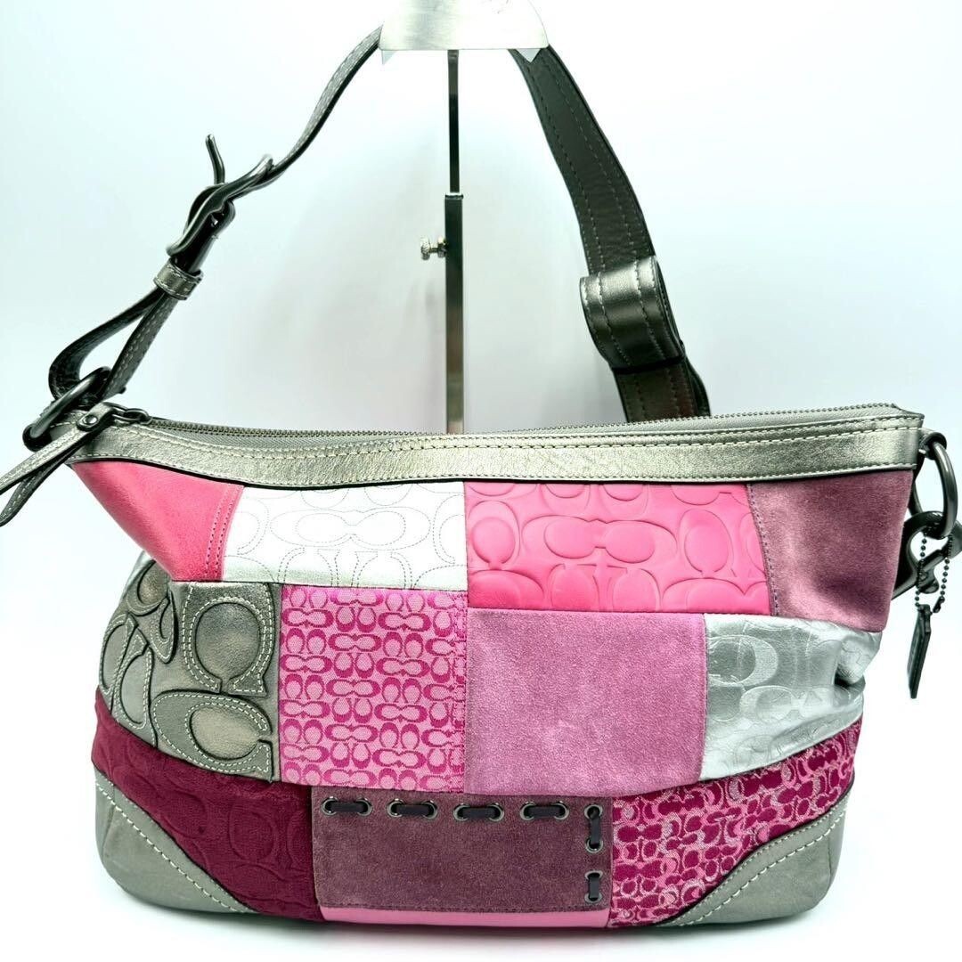 Coach Signature Patchwork Shoulder Bag Pink Leather Canvas Suede Y2K 42cm 80cm