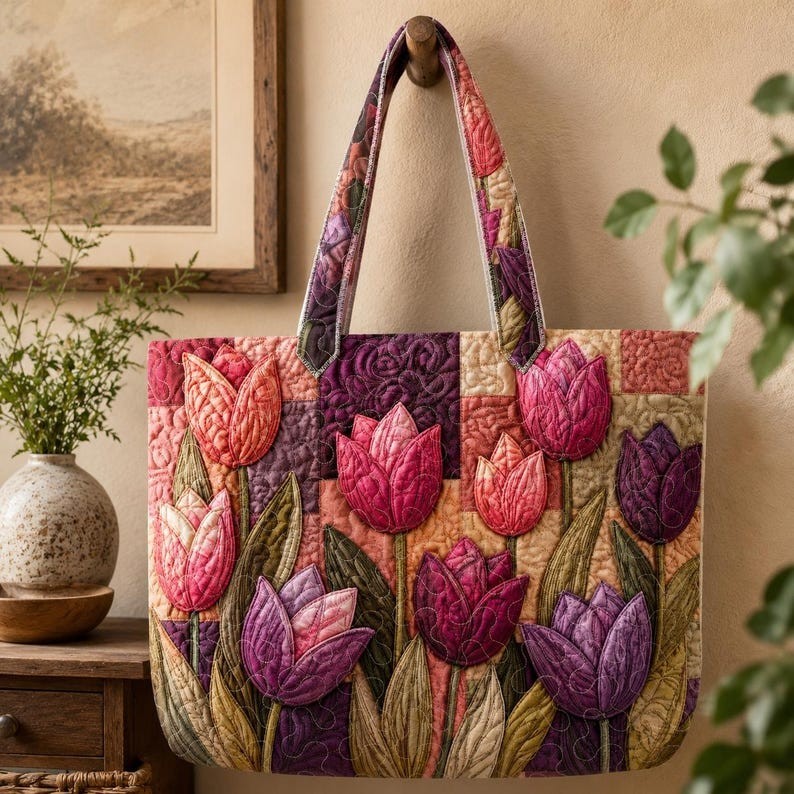 Custom Tulip Quilted Tote Bag, Personalized Floral Patchwork Handbag, Pink Purpl