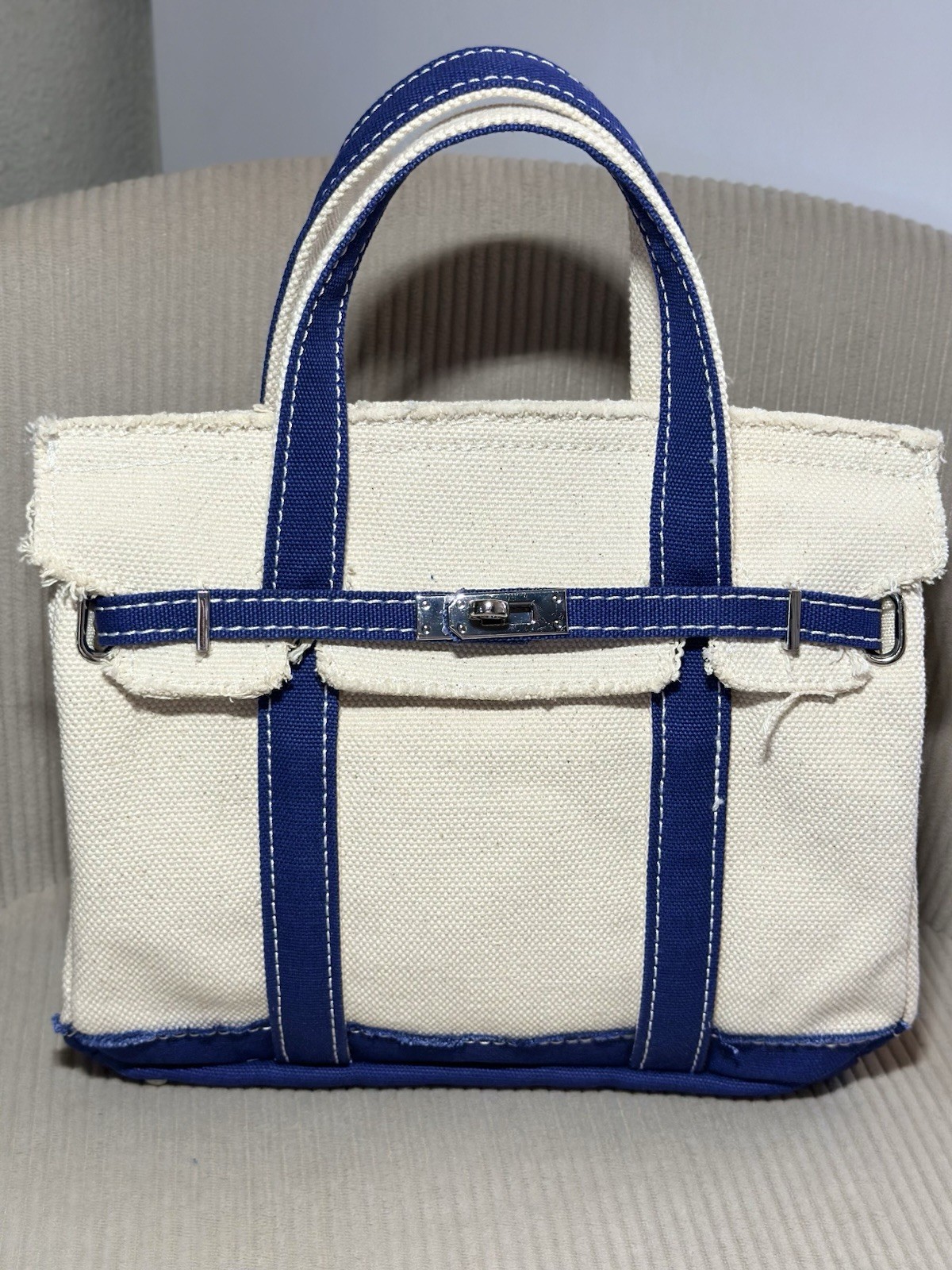 NEW SUNWIN SMALL CANVAS BOATKIN BEIGE/ BLUE BOAT TOTE BAG WITH 2 INNER POCKETS