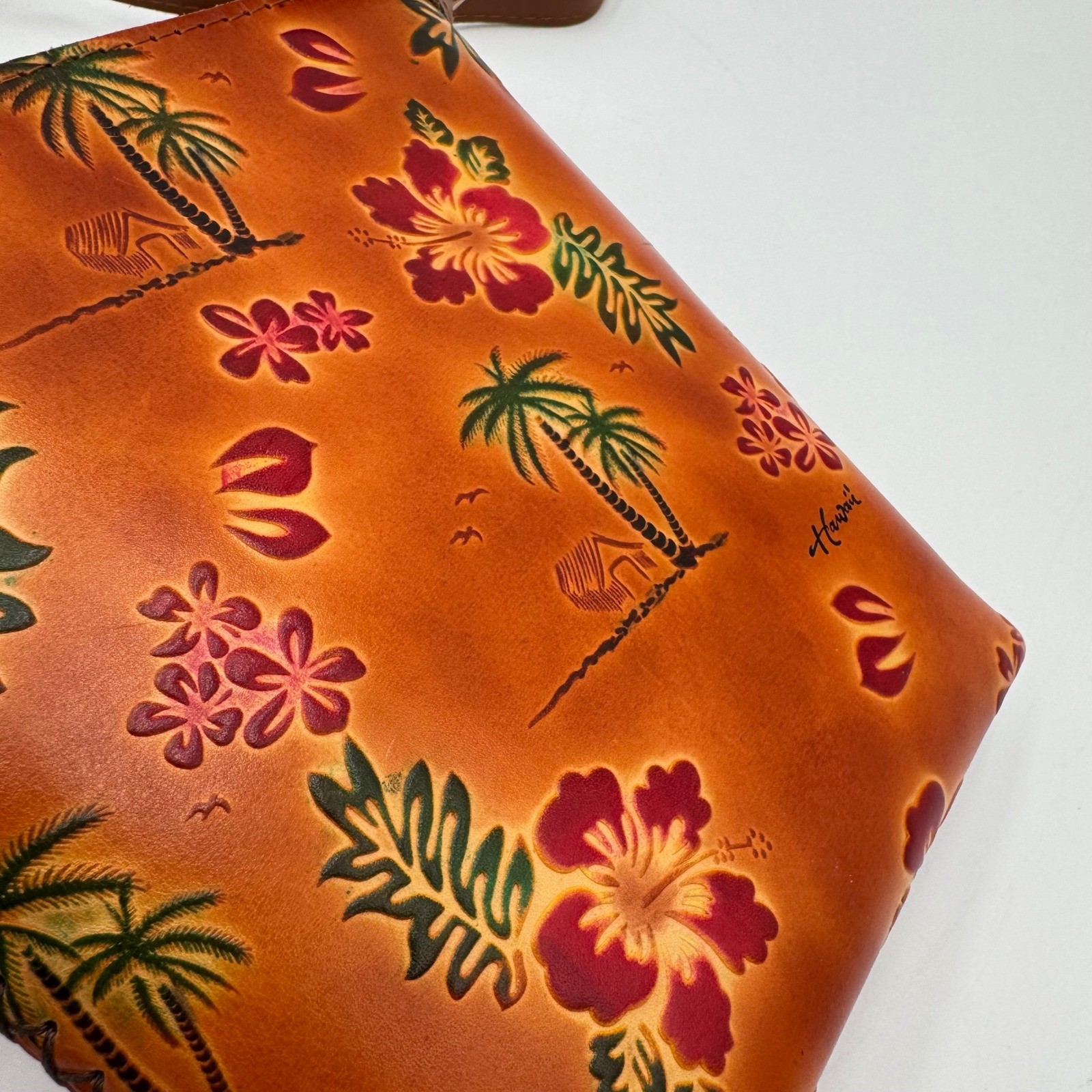 Aloha From Hawaii Crossbody Bag Hand Made Leather Tropical Floral Women Brown