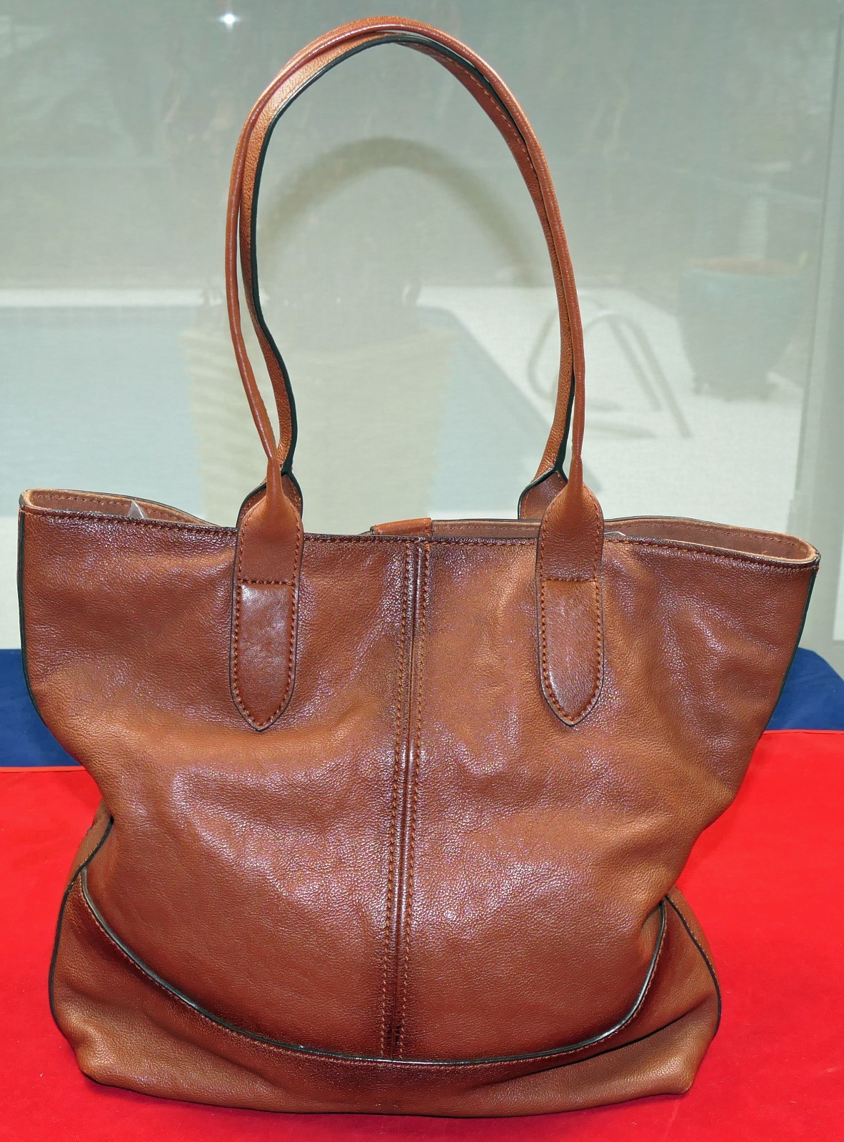 FRYE COGNAC LEATHER DUAL-HANDLE MAGNETIC-CLOSURE FABRIC LINED BRASS~TRIM BAG
