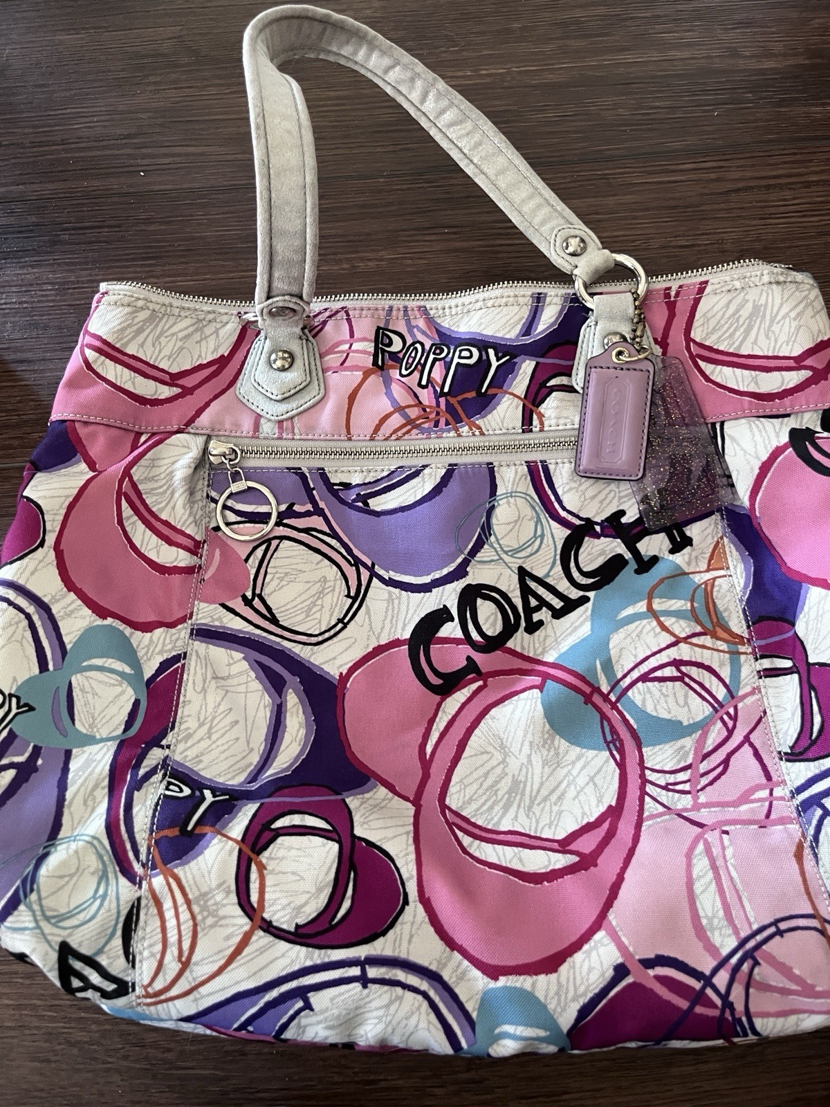 Coach Juliet op art Multicolor Logo Zip Tote Bag Metallic Silver Hardware Charm