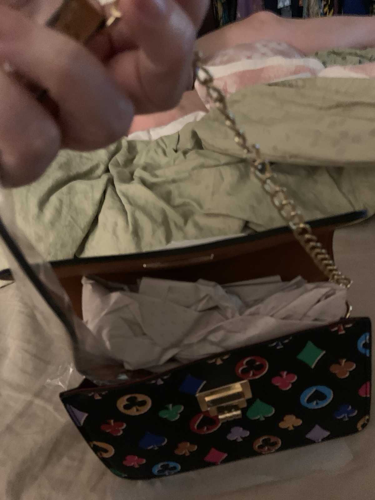 New Black /Multicolor Geometric Turn Lock Crossbody Bag Gold Chain Strap