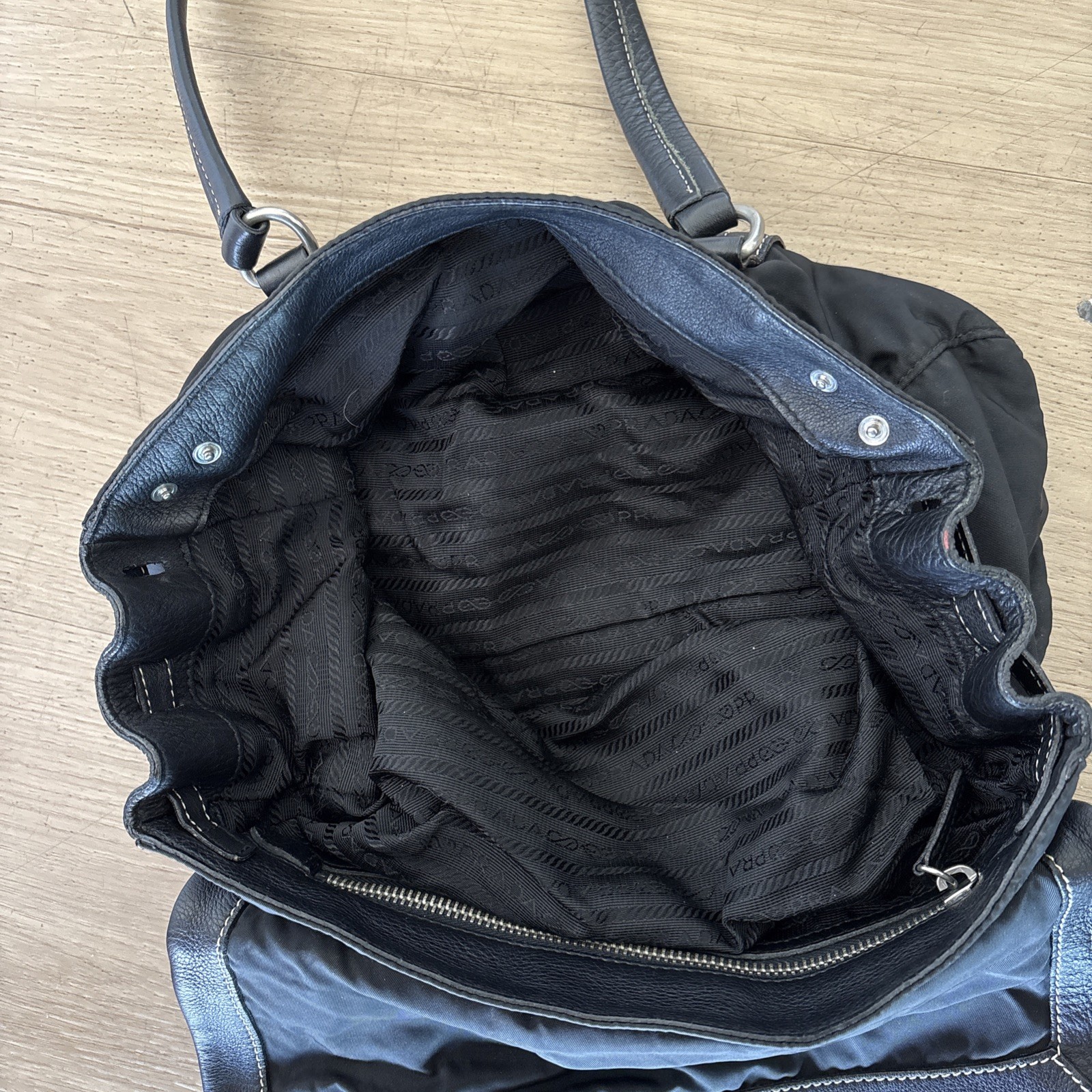 Vintage Prada Shoulder Bag Black Tessuto Nylon Saffiano Leather Buckle W Wallet