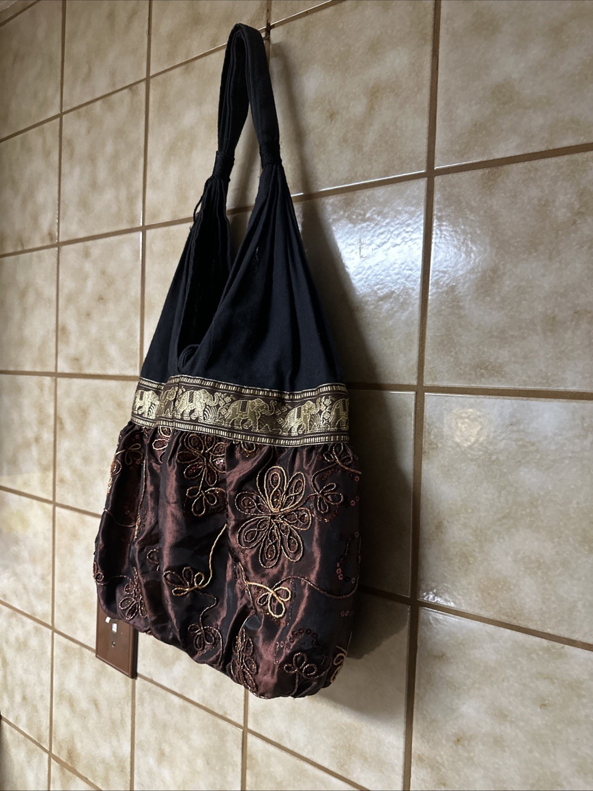 Bohemian Elephant Print Floral Sequined Boho Handbag Tote Purse, Multicolor