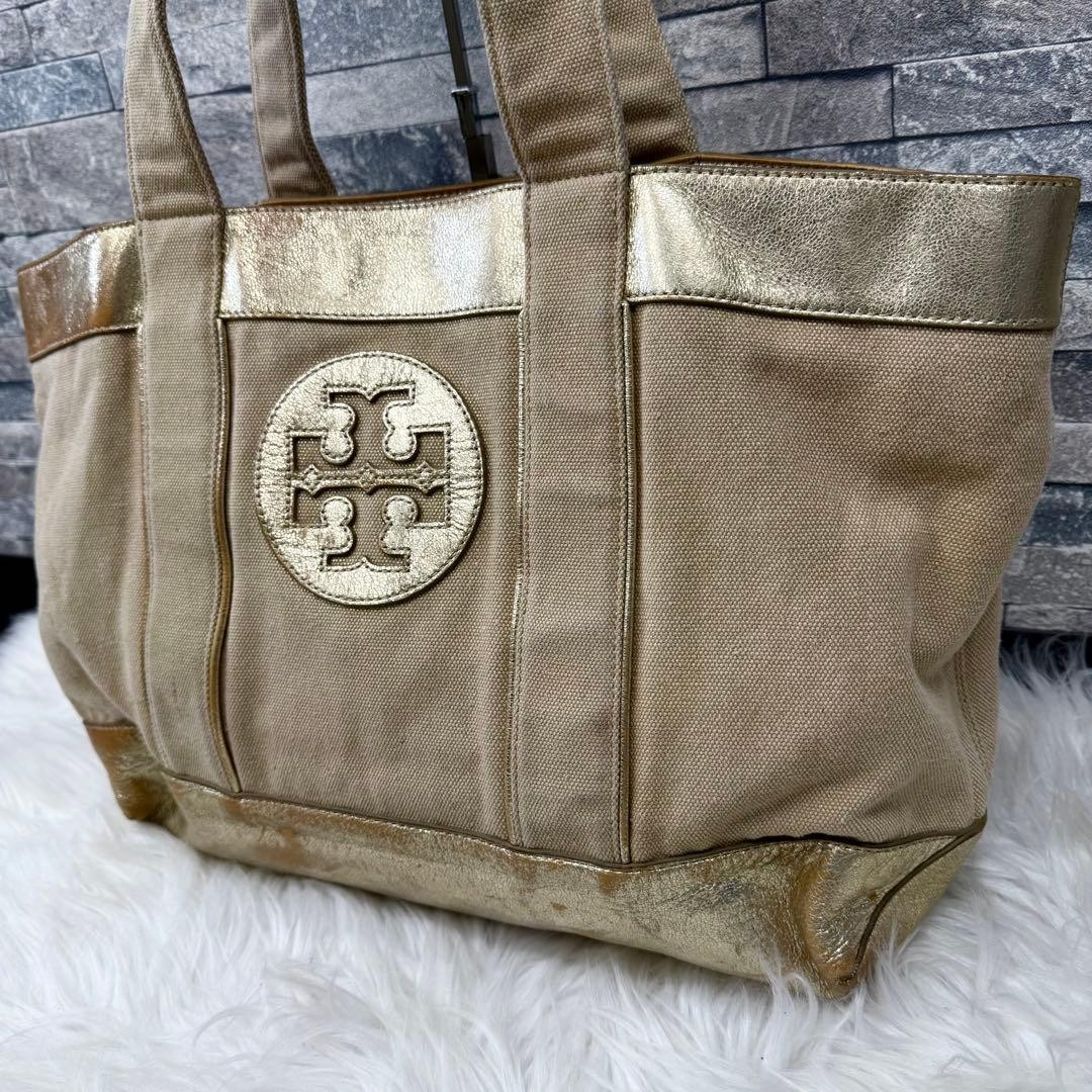 TORY BURCH Large Canvas Tote Bag Shoulder Handbag Logo Print Beige