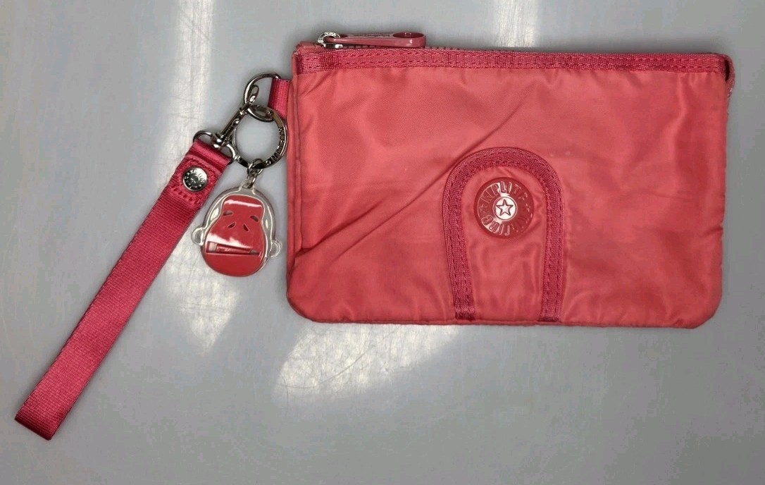 Kipling Margie Coral Pink Wristlet With Strap & Monkey Charm Keyring