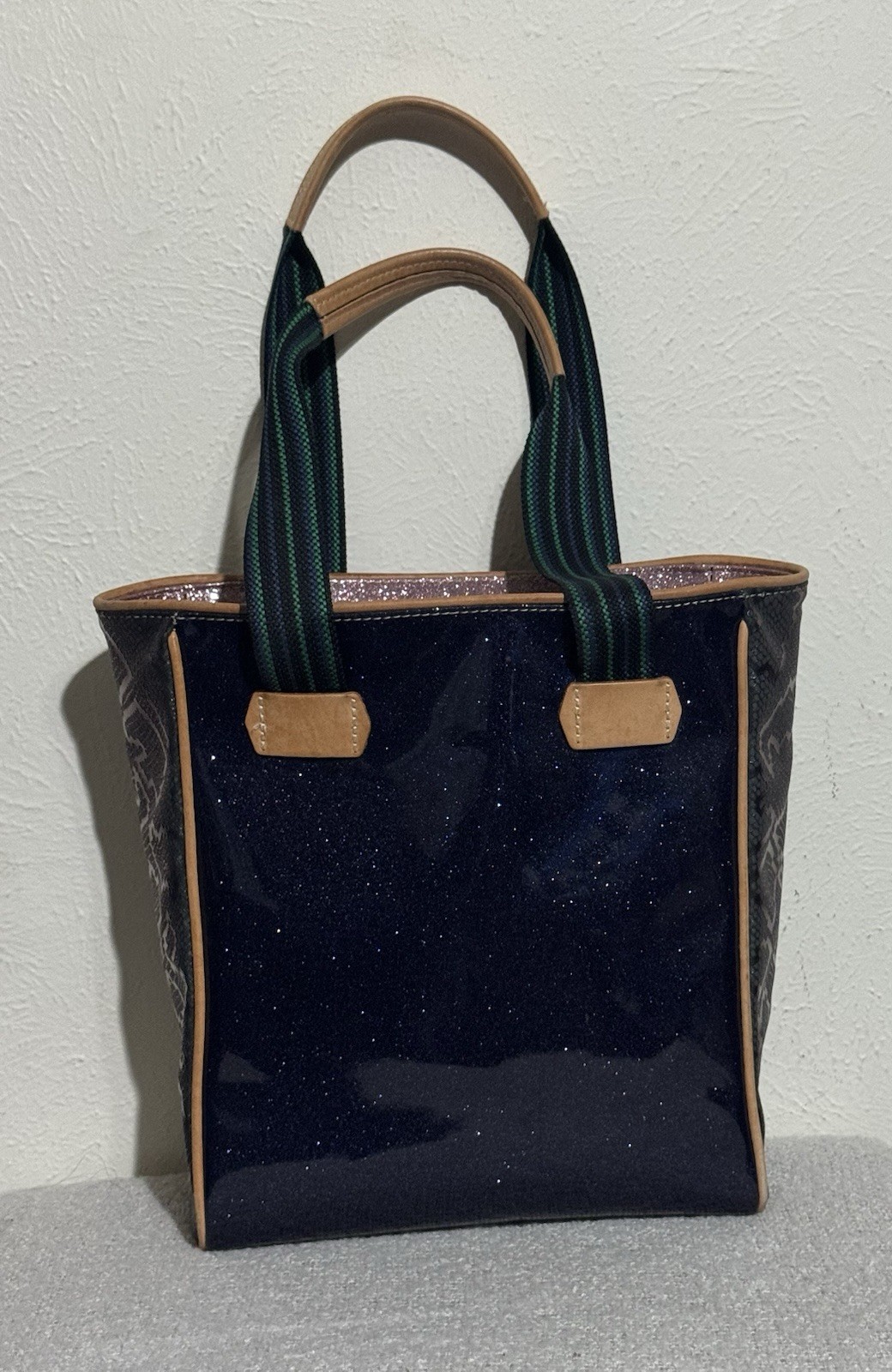 Consuela Jerry Classic Chica Tote Blue Glitter & Snake Print Leather trim