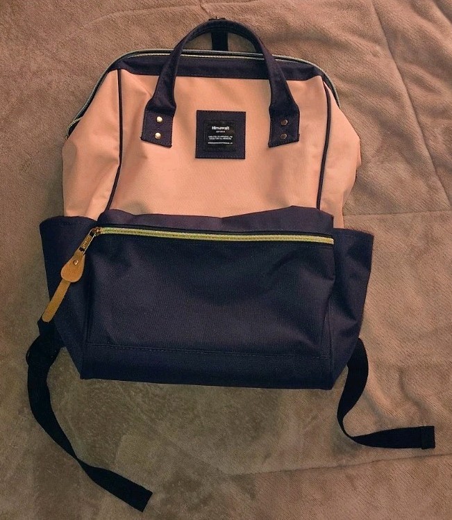 Himawari Pink and Navy Blue Canvas Diaper Backpack USB Port Inner Pockets