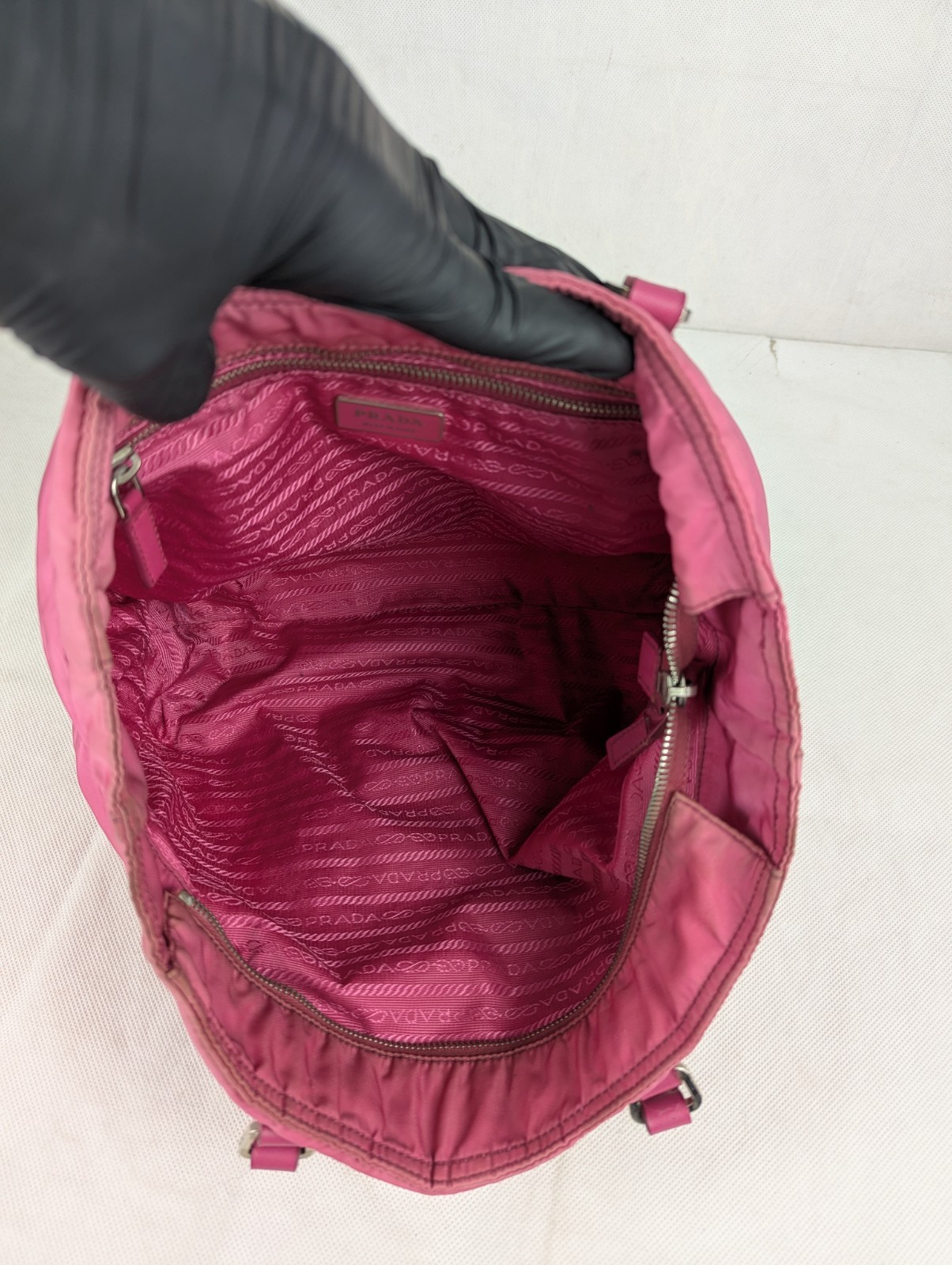 Vintage Prada Tessuto Nylon Leather Tote Shoulder bag pink Made in Italy.