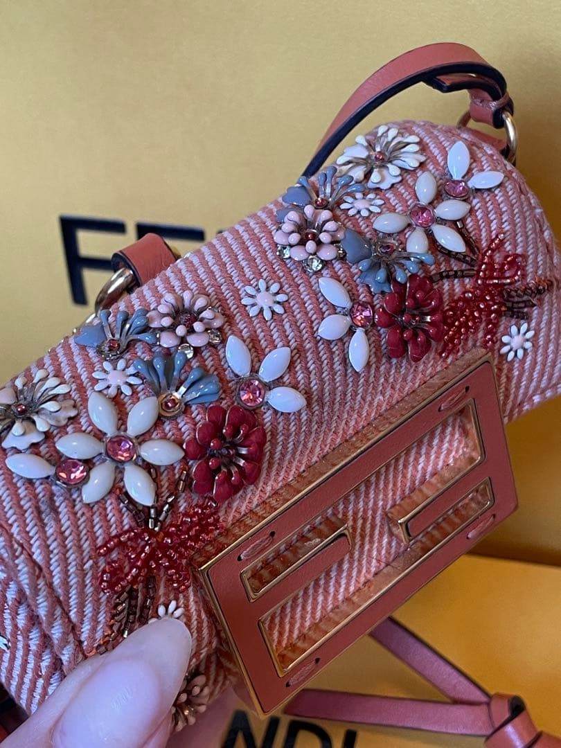 FENDI Nano Baguette Charm Orange Denim Floral Bead Crossbody Mini Bag 3.94 inch