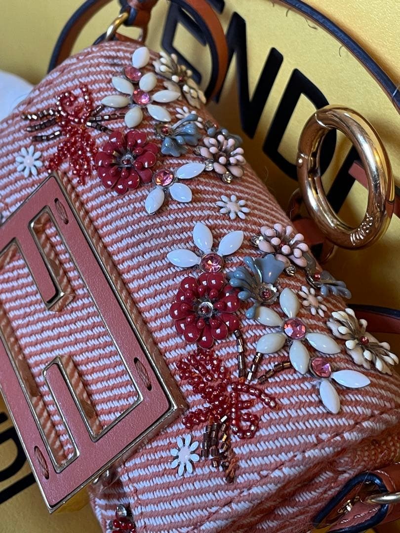 FENDI Nano Baguette Charm Orange Denim Floral Bead Crossbody Mini Bag 3.94 inch