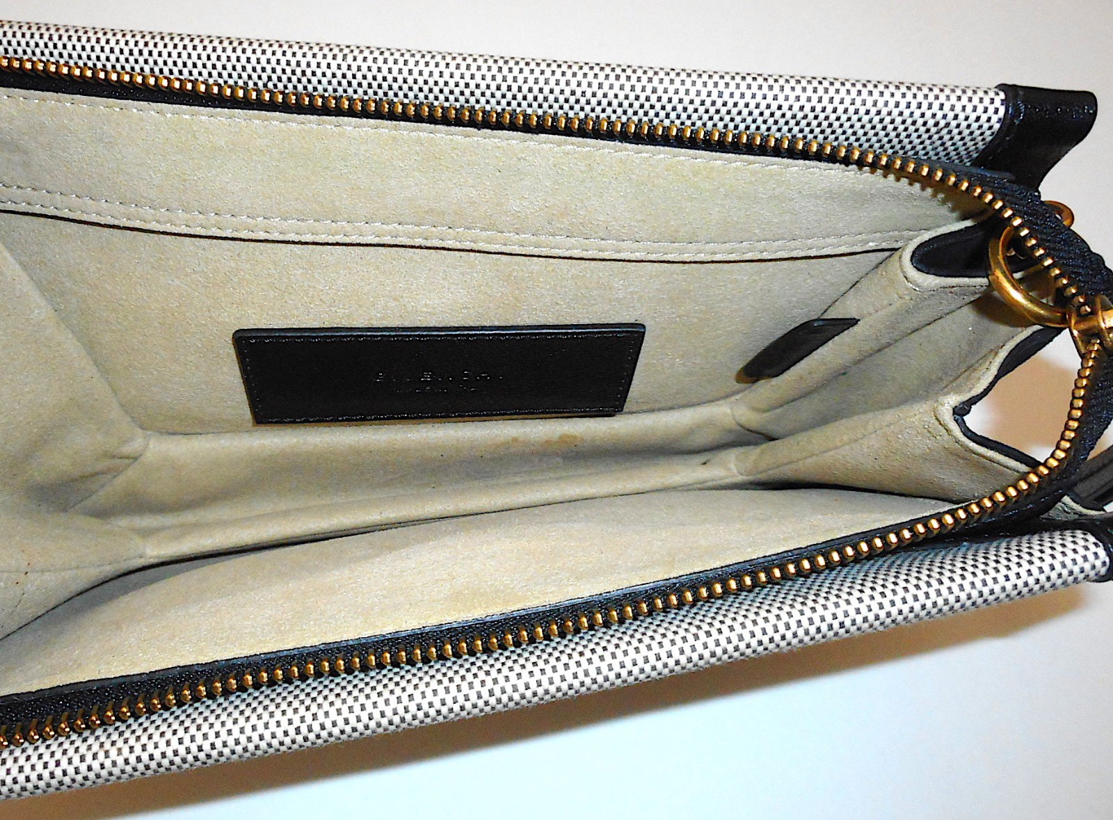 GIVENCHY PARIS Tan & Black Leather Trim Clutch Purse with Gold Tone Chain Handle