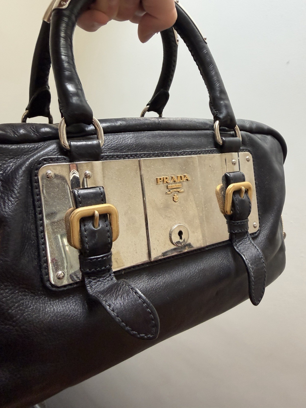 PRADA Black Top Handle Bag Gold Hardware Lock Buckle Accents Zip Closure