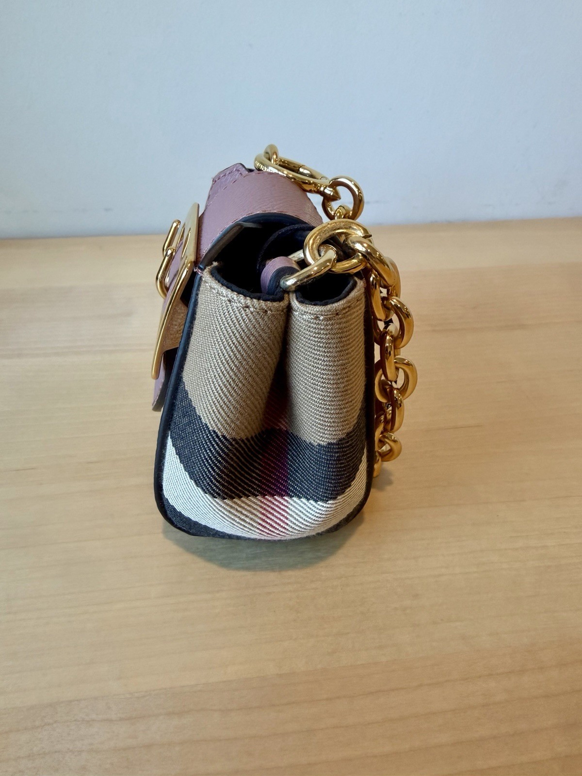 Burberry Nova Check Pink Mini Buckle Bag Gold Chain Detachable Strap