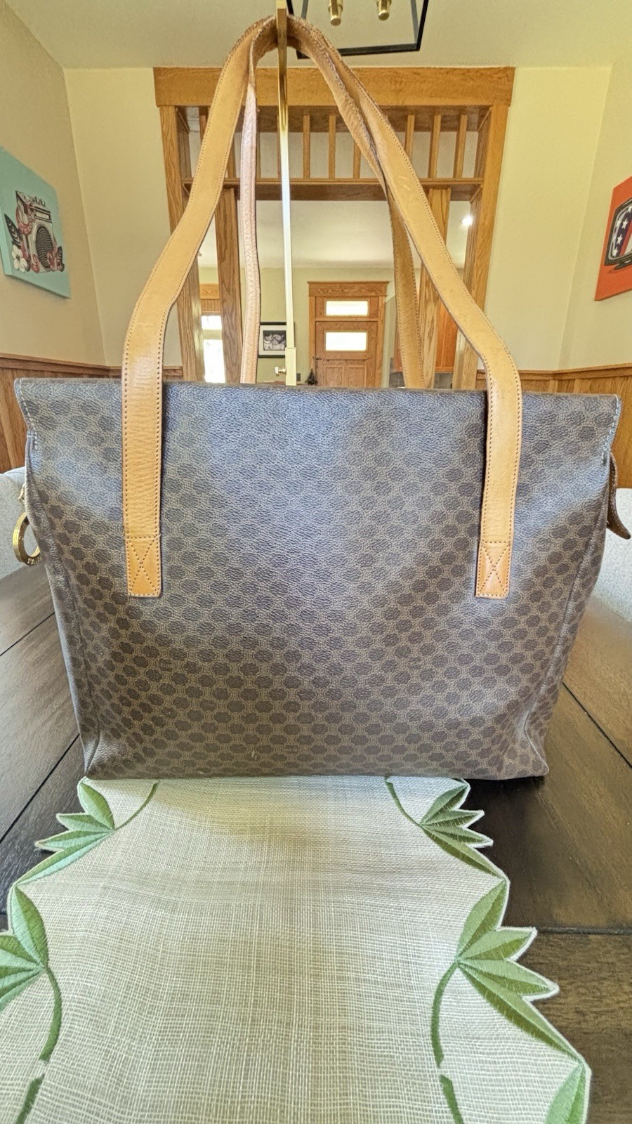 Authentic Celine Macadam Tote Bag Brown Coated Canvas Leather Italy Shopper