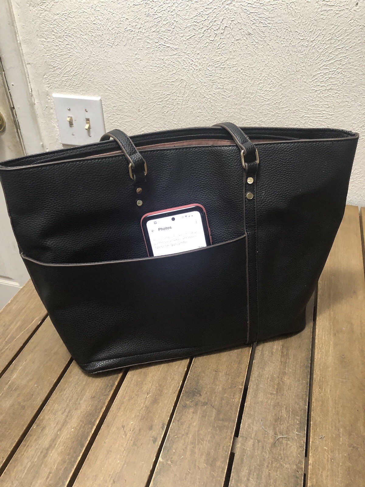 SevenDays Vegan Leather Tote Bag Black Faux Pebbled Leather 17x11x5”