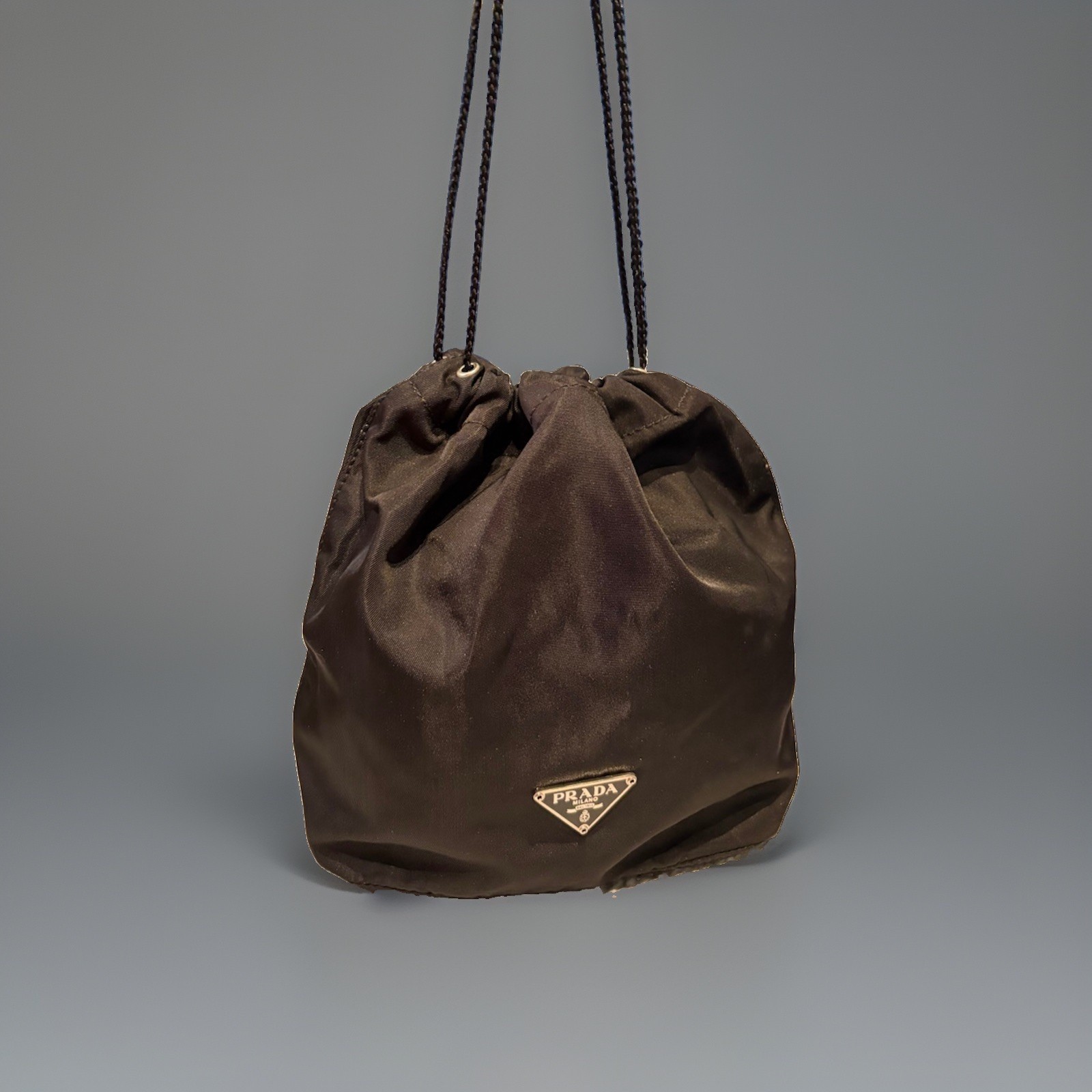 Prada Vela Tessuto Nylon Triangle Logo Drawstring Pouch + Chain Strap Bag $875