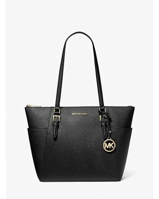 Michael Kors Charlotte Large Saffiano Black Leather Top Zip Tote Bag 35T0GCFT7L