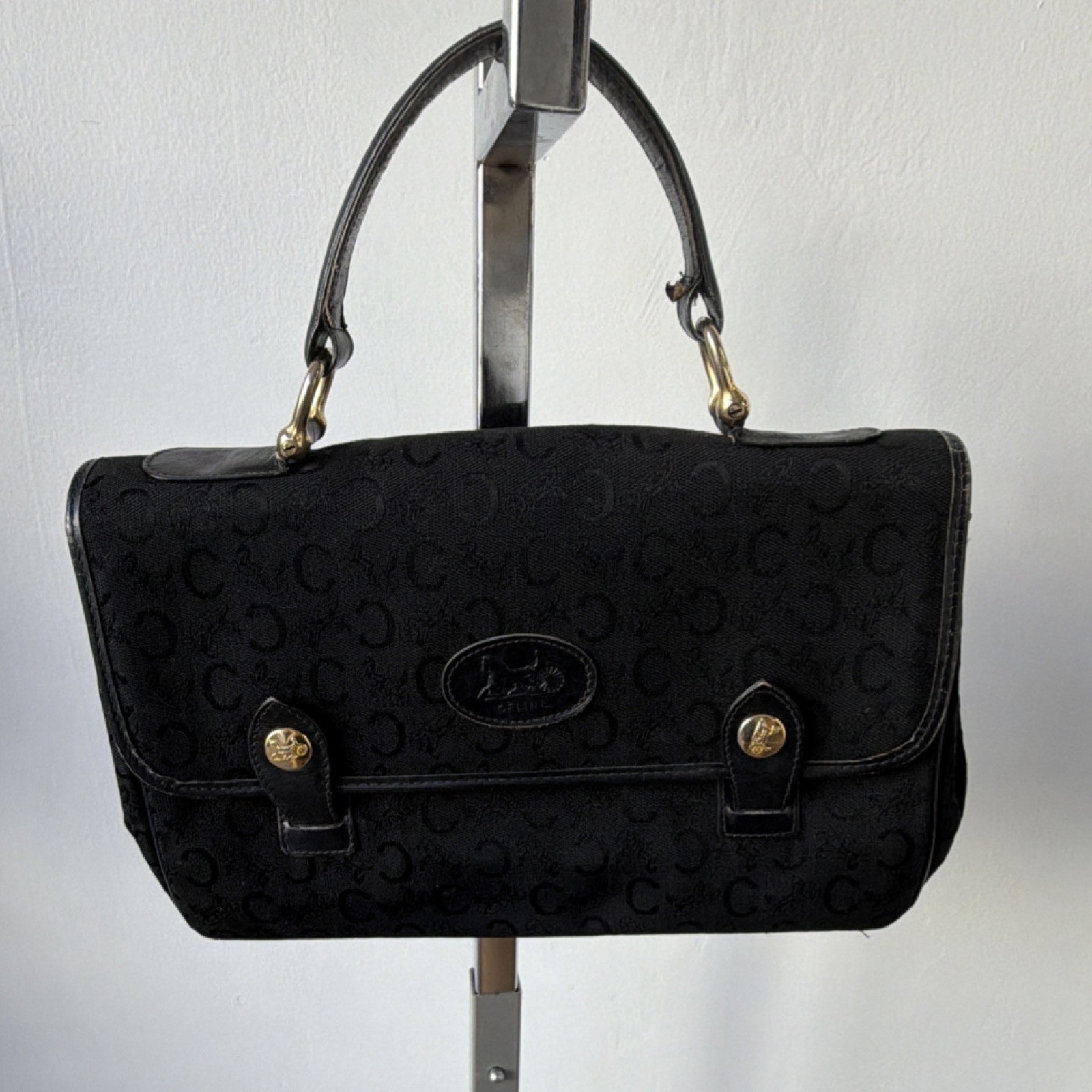CELINE Black Logo Satchel Top Handle Bag Button Flap Inner Pockets Gold Hardware