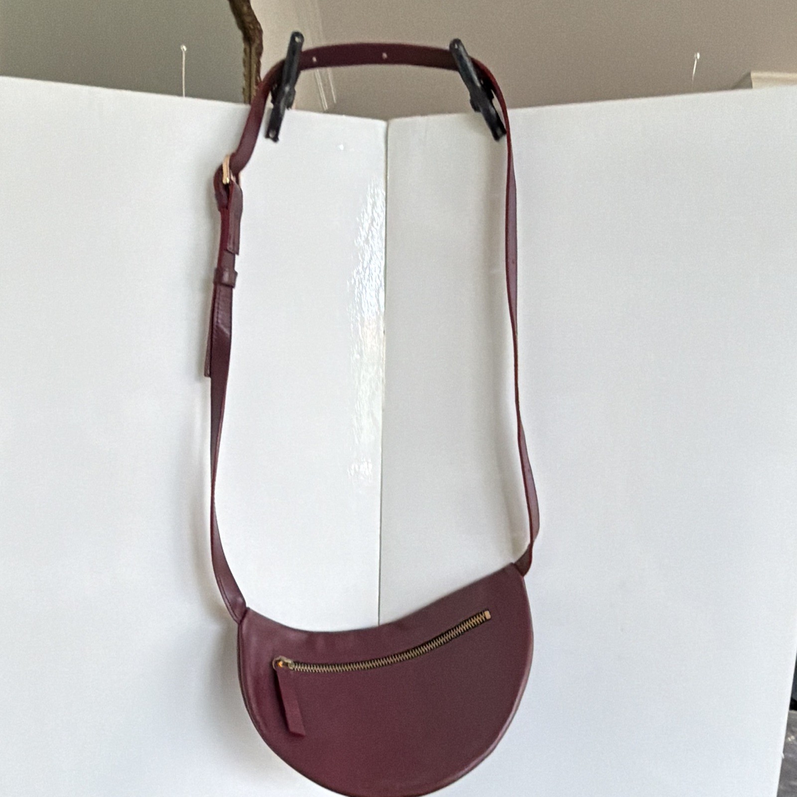 LAMARI Berlin Burgundy Crescent Crossbody Bag Gold Hardware Zip Closure