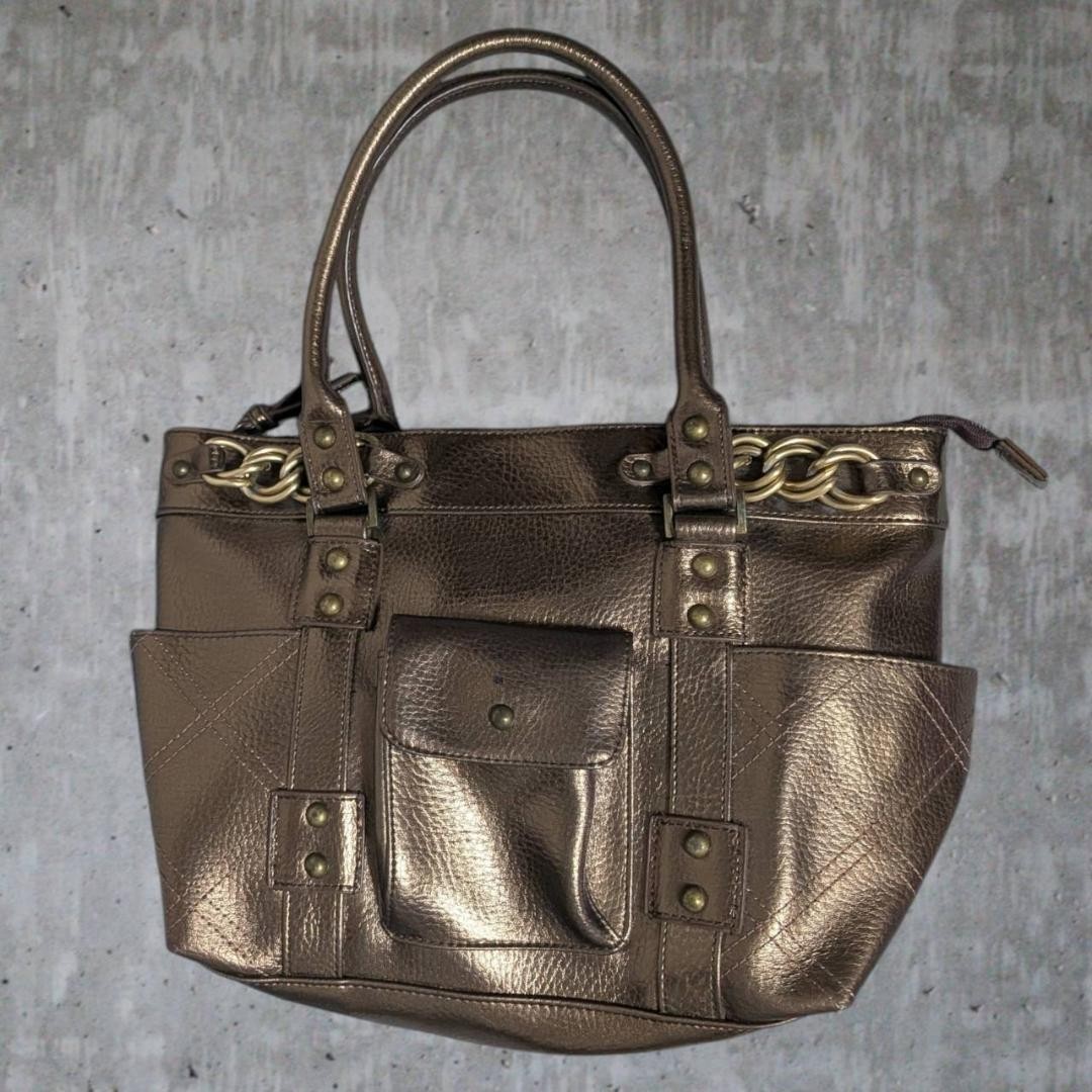 Y2K 00s City Bag Grunge Metal Studs Bronze Gold Chain Shoulder Japan Excellent