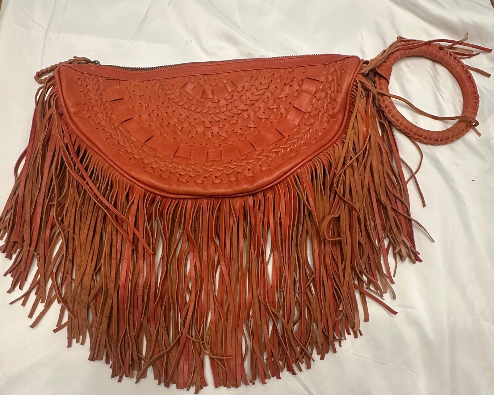 One Off Handmade Tooled Leather Fringe Clutch Wristlet Boho Western Half Moon