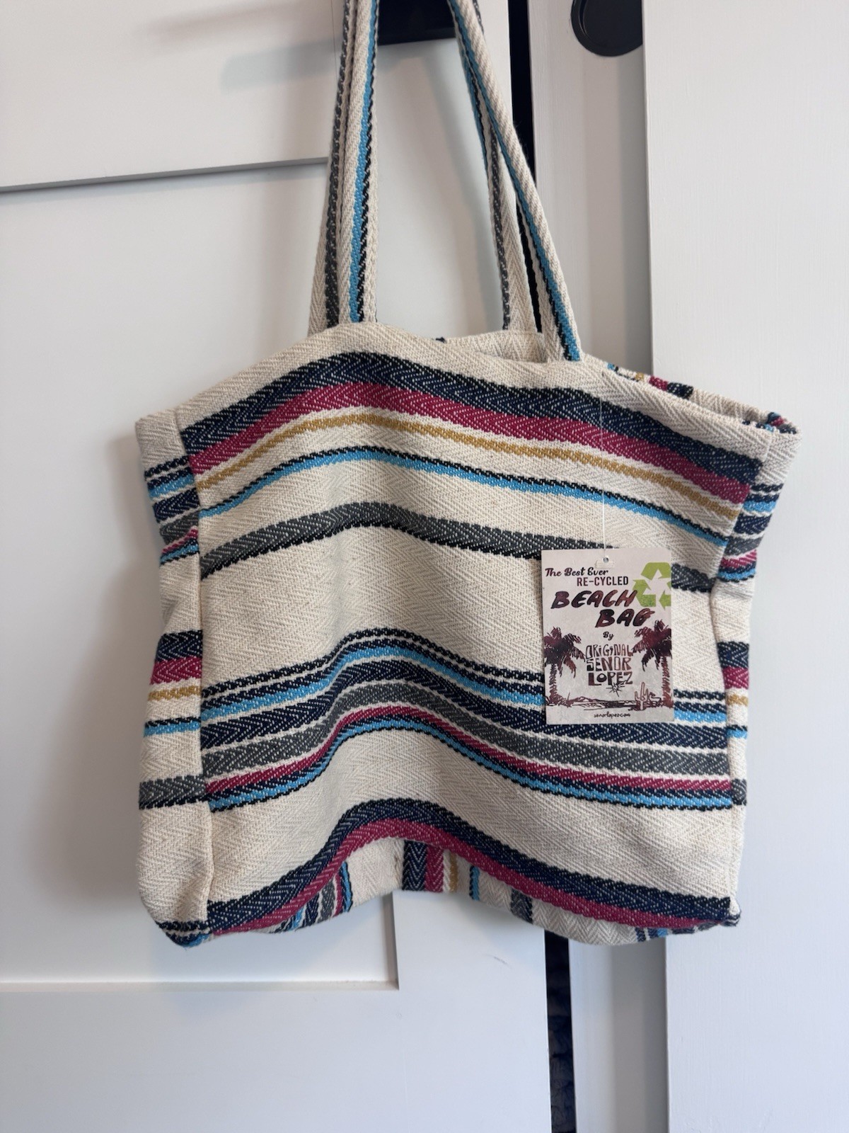 ORIGINAL SENOR LOPEZ STRIPED BEACH TOTE BAG DOUBLE HANDLES OPEN TOP LOGO