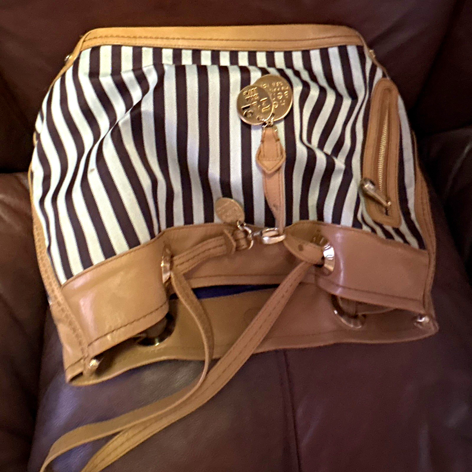Striped Hobo Shoulder Bag Beige Black White Zip Charm Silver Hardware Medium