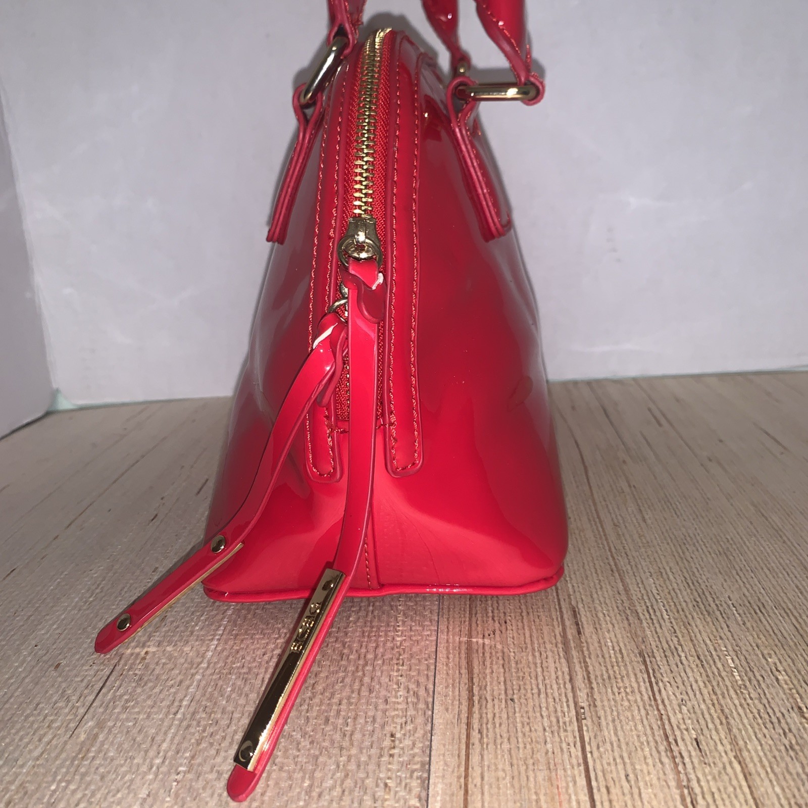 BCBG Red Patent Faux Leather Dome W/ Gold Hardware Handles Satchel Preppy