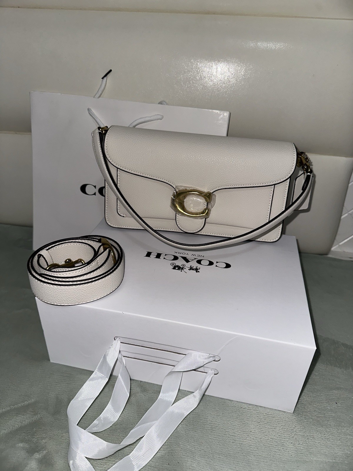 Coach White Pebbled Small Shoulder Bag w/ Detachable Adjustable Strap Buckle